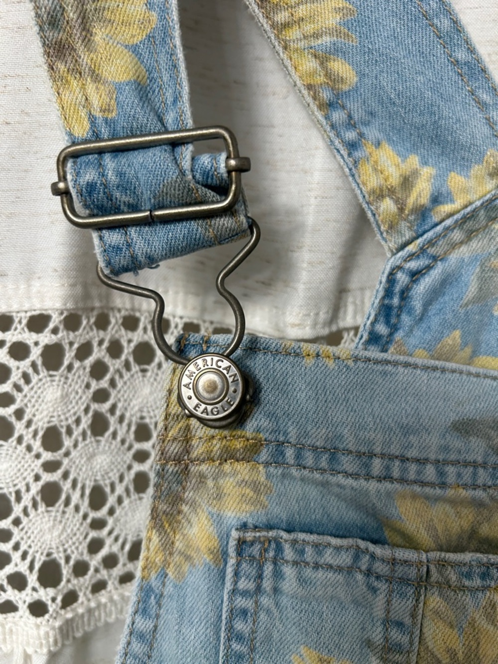 American Eagle Outfitters Light Blue Sunflower Denim Overalls - Picture 2 of 5